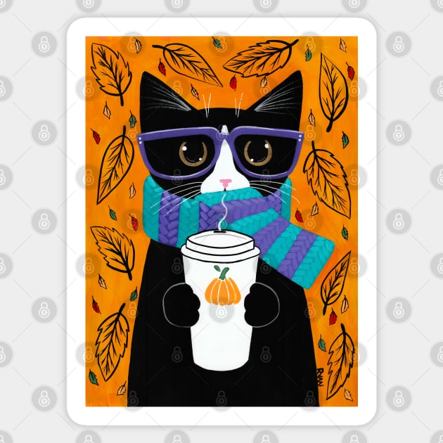 Autumn Coffee Tuxedo Cat Sticker by KilkennyCat Art